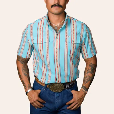 Ferrell Men's Santa Fe Light Blue Aztec Stripe Print Pearl Snap Western Shirt