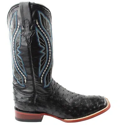 Pre-owned Ferrini Full Quill Ostrich Square Toe Cowboy Mens Black Casual Boots 10193-04