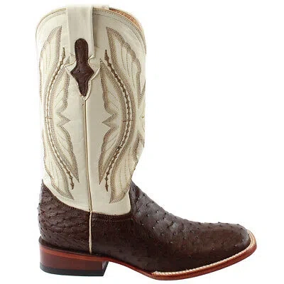 Pre-owned Ferrini Full Quill Ostrich Square Toe Cowboy Mens Brown, White Casual Boots 101