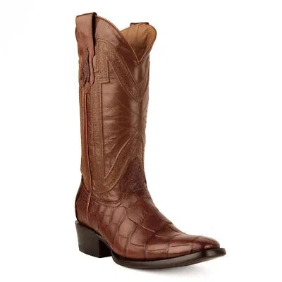 Pre-owned Ferrini Men's American Alligator Stallion French Toe Cognac Western Boot 1074126 In Brown