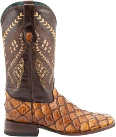 Pre-owned Ferrini Men's Bronco Pirarucu Print Square Toe Leather Heeled Western Boots In Cigar