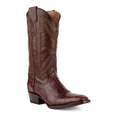Pre-owned Ferrini Mens Chocolate Leather Gator Belly R-toe Stallion Cowboy Boots In Brown