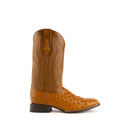 Pre-owned Ferrini Mens Cognac Leather Full Quill Ostrich S-toe Colt Cowboy Boots In Brown