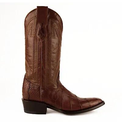 Pre-owned Ferrini Mens Cognac Leather Gator Belly R-toe Stallion Cowboy Boots In Brown