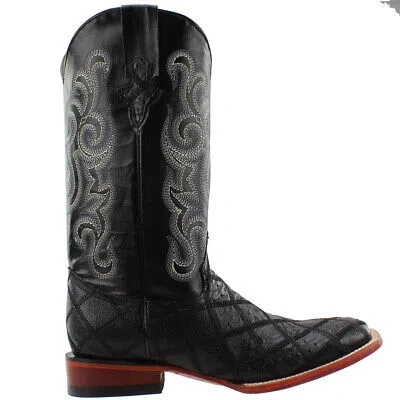Pre-owned Ferrini Ostrich Patchwork Square Toe Cowboy Mens Black Western Cowboy Boots 116