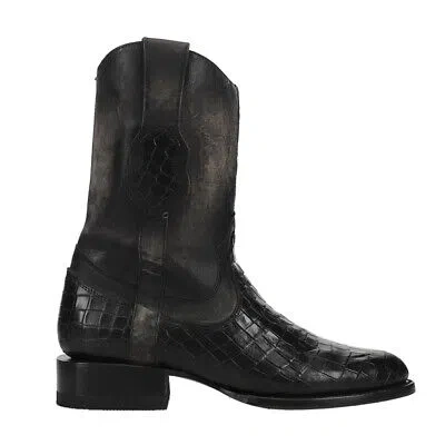 Pre-owned Ferrini Winston Alligator Print Round Toe Cowboy Mens Black Dress Boots 2471304