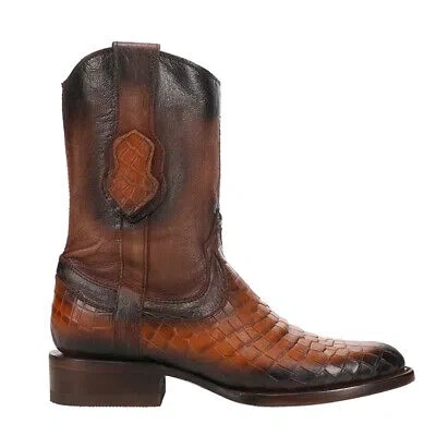 Pre-owned Ferrini Winston Alligator Print Round Toe Cowboy Mens Brown Dress Boots 2471312