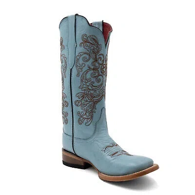 Pre-owned Ferrini Womens Ella S-toe Aqua Leather Cowboy Boots In Blue