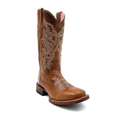 Pre-owned Ferrini Womens Mae Square Toe Brown Leather 12in Cowboy Boots