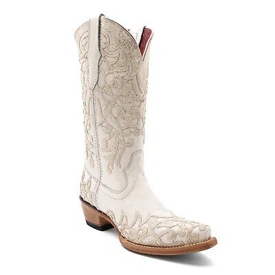 Pre-owned Ferrini Womens Starlight V-toe White Leather Cowboy Boots
