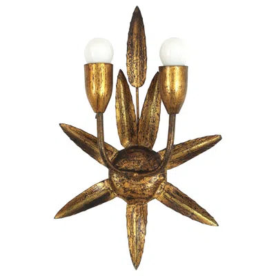 Pre-owned Ferro Art Spanish Gilt Iron Wall Sconce With Foliage Design And Starburst Backplate, 1950s In Gold