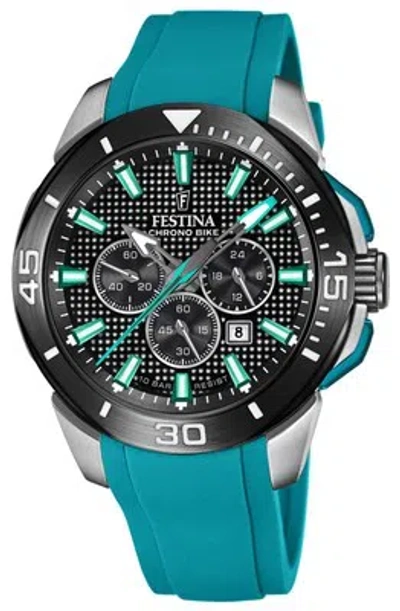 Pre-owned Festina Chrono Bike 2022 Black Dial / Turquoise Rubber F20642/3 Watch