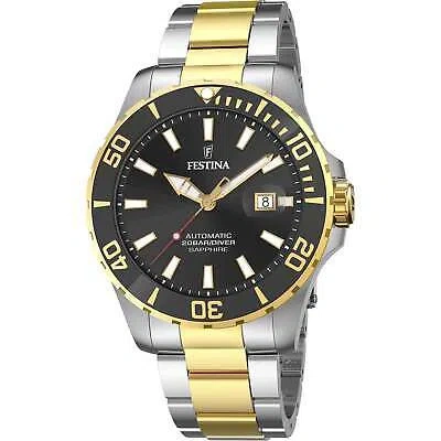 Pre-owned Festina F20532/2 Men's Automatic Two Tone Steel Bracelet Wristwatch In Black/gold/silver