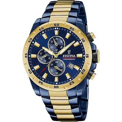 Pre-owned Festina F20564/1 Men's Blue Dial Two Tone Bracelet Wristwatch In Gold/blue