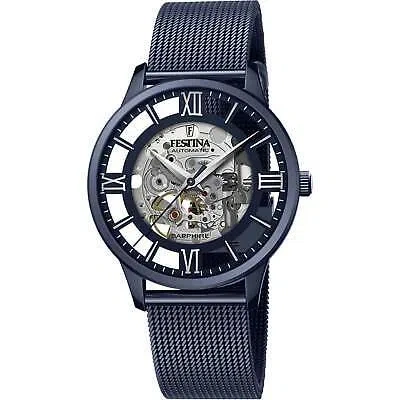 Pre-owned Festina F20574/1 Men's Blue Skeleton Dial With Mesh Strap Wristwatch