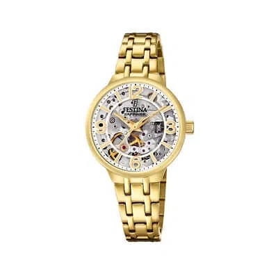 Pre-owned Festina F20617/1 Women's Gold Tone Steel Bracelet Automatic Wristwatch In White/rose Gold