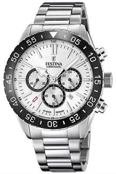 Pre-owned Festina Men's Steel Chrono White Dial & Black Ceramic Bezel F20575/1 Watch