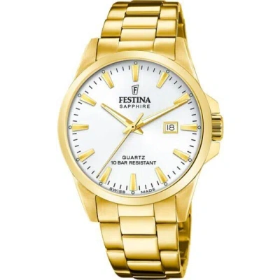 Pre-owned Festina Swiss Classic F20044-2 Men's Gold Band White Dial Watch With Free Gwp