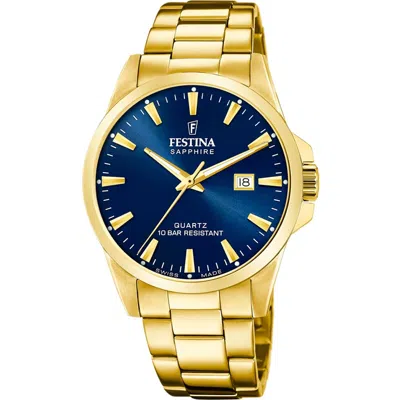 Pre-owned Festina Swiss Classic F20044-3 Gold Band Blue Dial Quartz Watch With Free Gwp