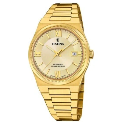 Pre-owned Festina Swiss My Swiss Time F20038-2 Men's Gold Band Champagne Dial Watch +gwp