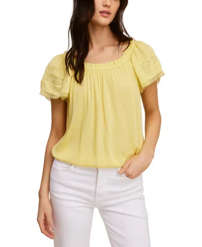 Fever John Paul Richard Petite Lace Trim On Off Shoulder Peasant Top In Goldfinch