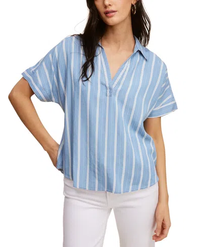 Fever Printed Lyocell High Low Top With Collar In Blue