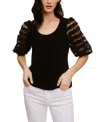 FEVER RIBBED KNIT TOP WITH RUFFLE MESH PUFF SLEEVE