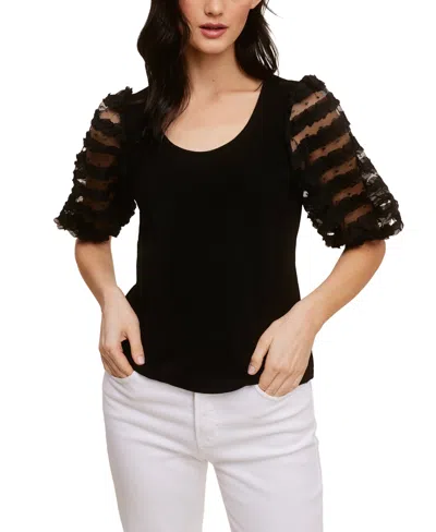 Fever Ribbed Knit Top With Ruffle Mesh Puff Sleeve In Black