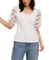 FEVER RIBBED KNIT TOP WITH RUFFLE MESH PUFF SLEEVE