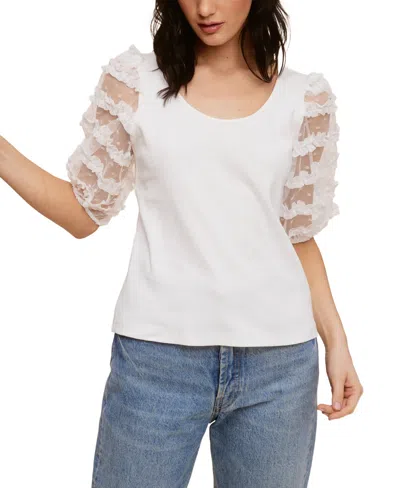 Fever Ribbed Knit Top With Ruffle Mesh Puff Sleeve In Bright White