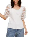 Fever Ribbed Knit Top With Ruffle Mesh Puff Sleeve