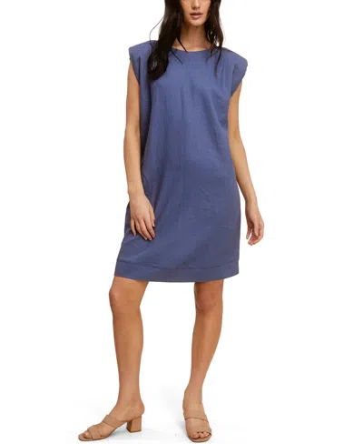 Fever Solid Linen Sheath Dress W/ Shoulder Pads In Blue