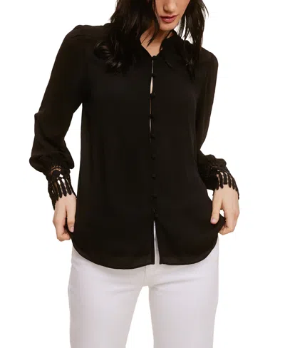Fever Solid Soft Crepe Blouse With Lace Cuff In Black