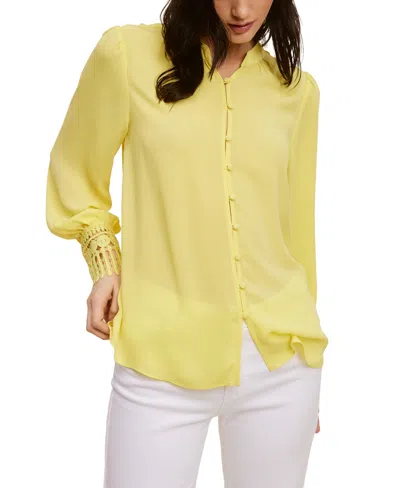 Fever Solid Soft Crepe Blouse With Lace Cuff In Yellow Cream