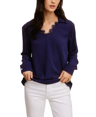 Fever Solid Soft Crepe Top W/ Collar Lace In Peacoat