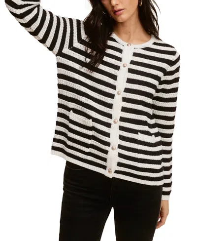 Fever Striped Cardigan With Gold Buttons In Black Ivory