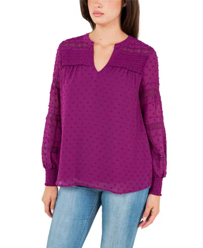 Fever Women's Clip Dot Top With Smocked Cuff In Plum Caspia