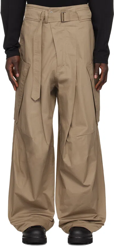 Fffpostalservice Beige Wide Belted Draped Pocket Trousers In Sand