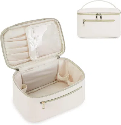 Ffic Makeup Bag, Travel Make Up Organizer Cosmetic Brush Bags Case For Women In Vegan Leather, Milky Whit In Neutral