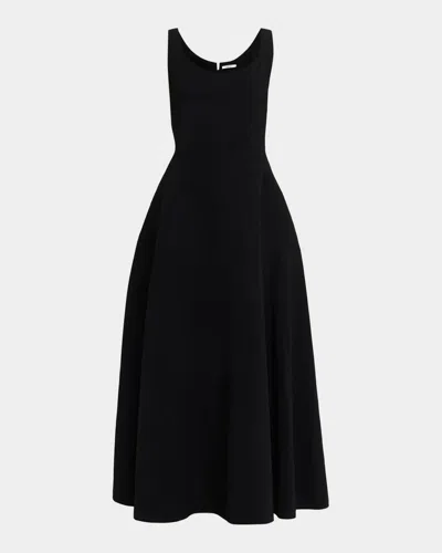 Fforme Alodia Sleeveless Stripe Embroidered Cady Flared Maxi Dress In Black