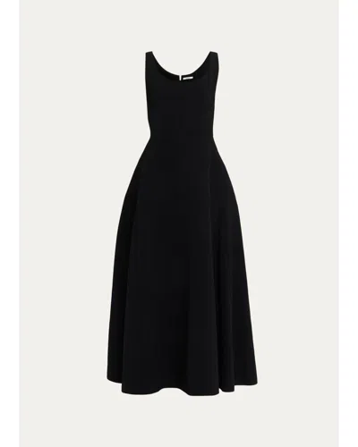 Fforme Alodia Sleeveless Stripe Embroidered Cady Flared Maxi Dress In Black