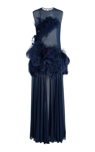 Fforme Hana Feather-embroidered Chiffon Maxi Dress In Blue