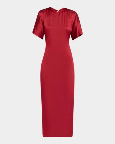 Fforme Imogen Fluid Satin Gathered Godet Midi Dress In Pink