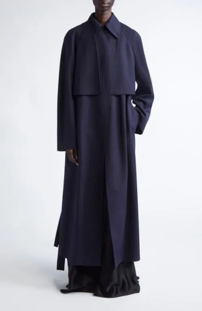 Fforme Lennox Belted Pleated Trench Coat With Detachable Sleeves In Blue