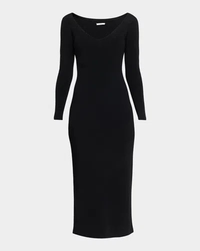 Fforme Lottie Wide V-neck Ribbed Long-sleeve Midi Dress In Red