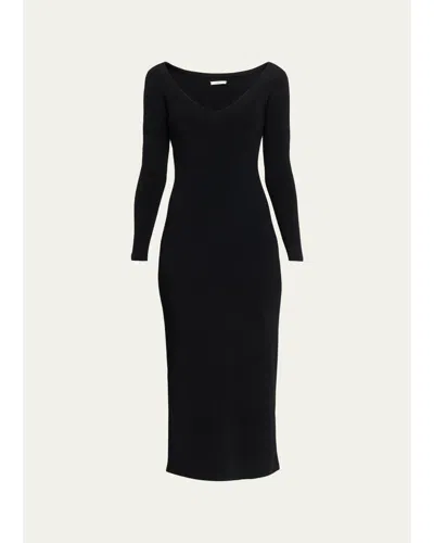 Fforme Lottie Wide V-neck Ribbed Long-sleeve Midi Dress In Black