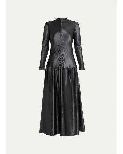 Fforme Mila Textured-satin Turtleneck Maxi Dress In Gray