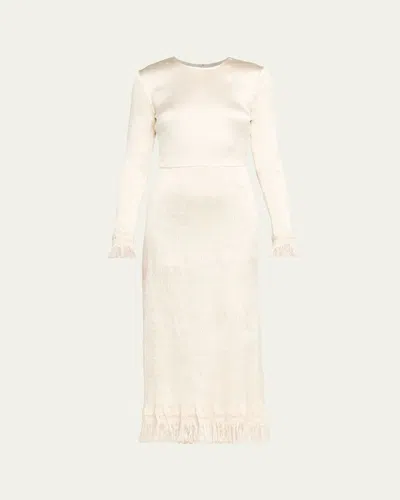 Fforme Mina Frayed Edge Long-sleeve Midi Dress In White