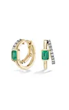 Fiametta 14k Yellow Gold Emerald Double Huggies In Emerald And Lab Grown Diamond