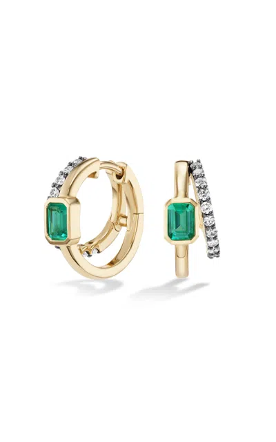 Fiametta 14k Yellow Gold Emerald Double Huggies In Emerald And Lab Grown Diamond